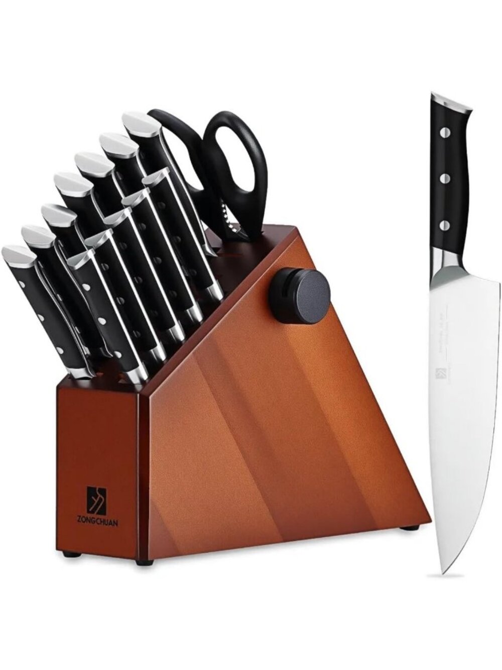 15-Piece High Carbon Stainless Steel Kitchen Knife Set with Block & Sharpener